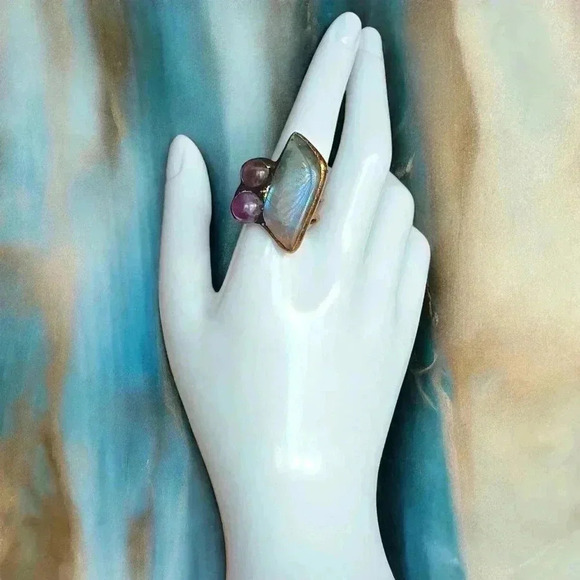 🆕️Boho Chic Labradorite & Amethyst Adjustable Copper Ring Rustic Vintage Style - Picture 13 of 17